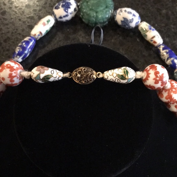 Vintage Caved Jade & Ceramic Painted Bead Necklace - Picture 11 of 16